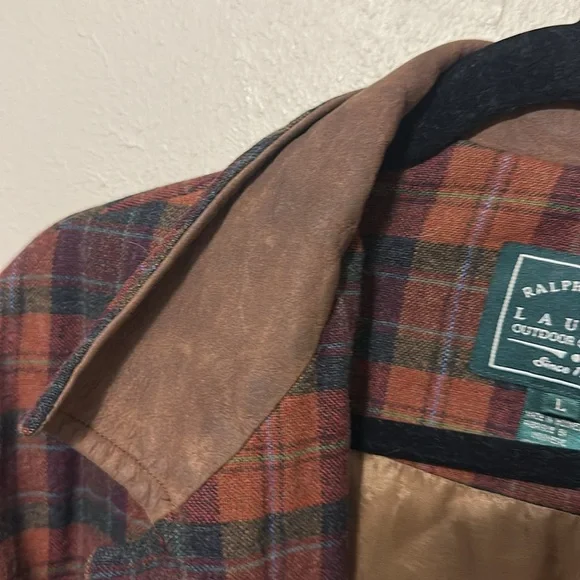 Rare Ralph Lauren Outdoor Clothing Lambs Wool Plaid Leather Coat Jacket